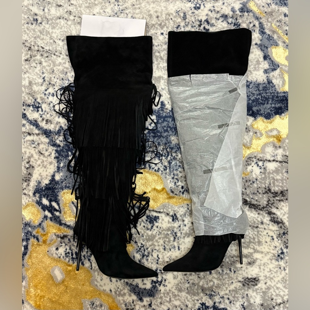 Good American New Over the Knee Fringe Boots Black Suede W/ Bag.  Sz. 8.5